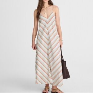 Madewell Blue And red Striped V-Neck Midi Dress in 100 Linen With Pockets Medium